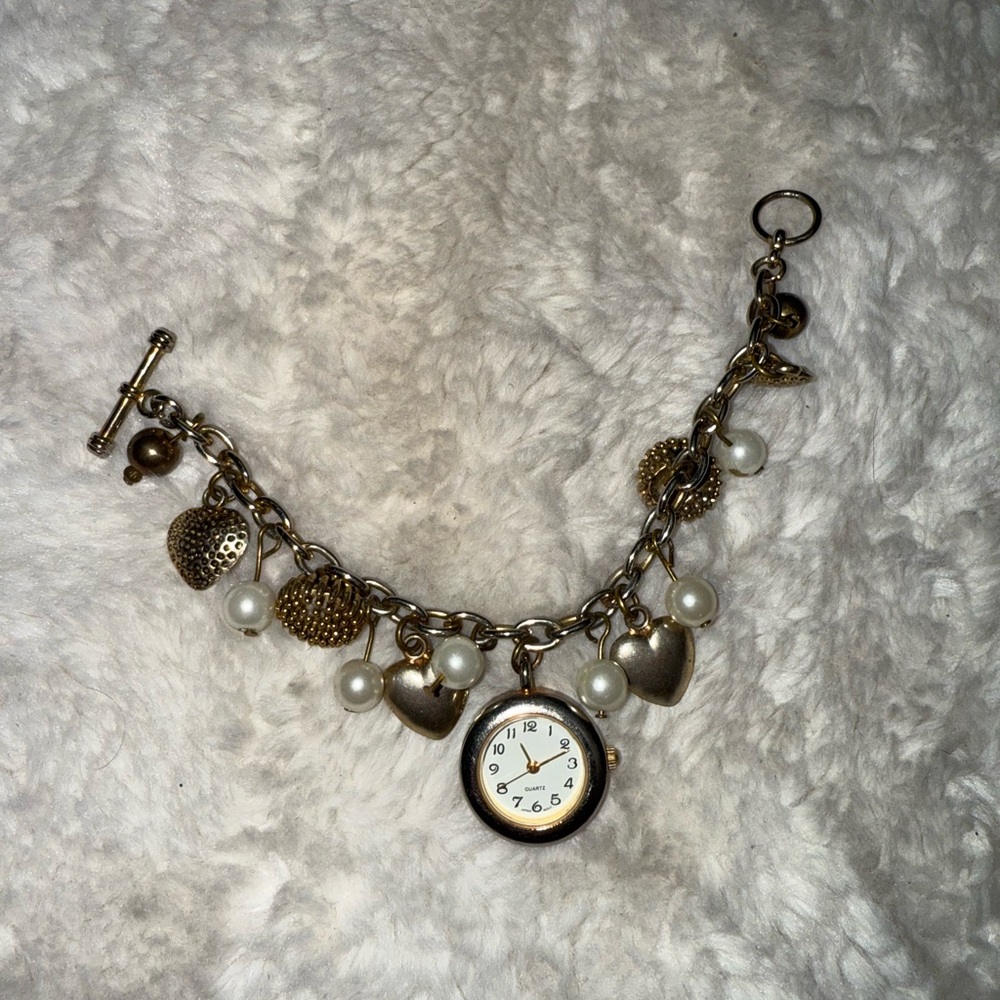Vintage Gold Charm Bracelet with Watch and Pearls - Picture 4 of 4